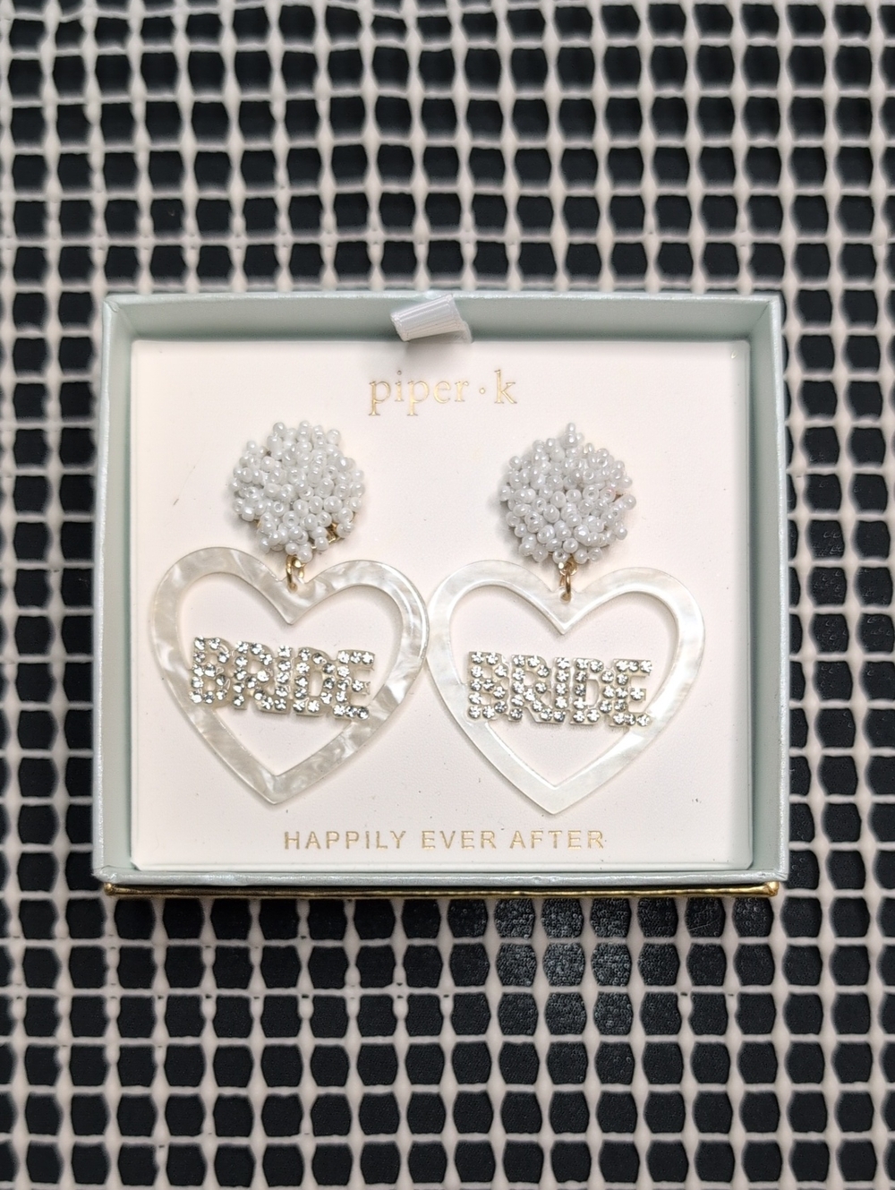 Piper White Crystal 'BRIDE' Heart Drop Earrings